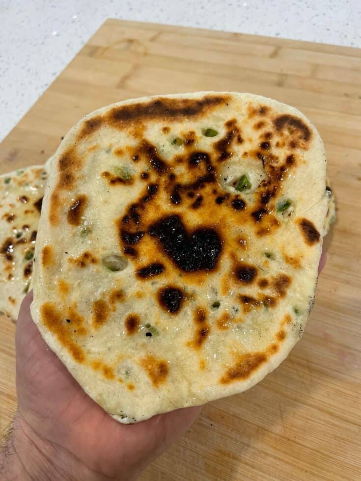 Quick Sourdough Naan with Goat Cheese and Hot Peppers